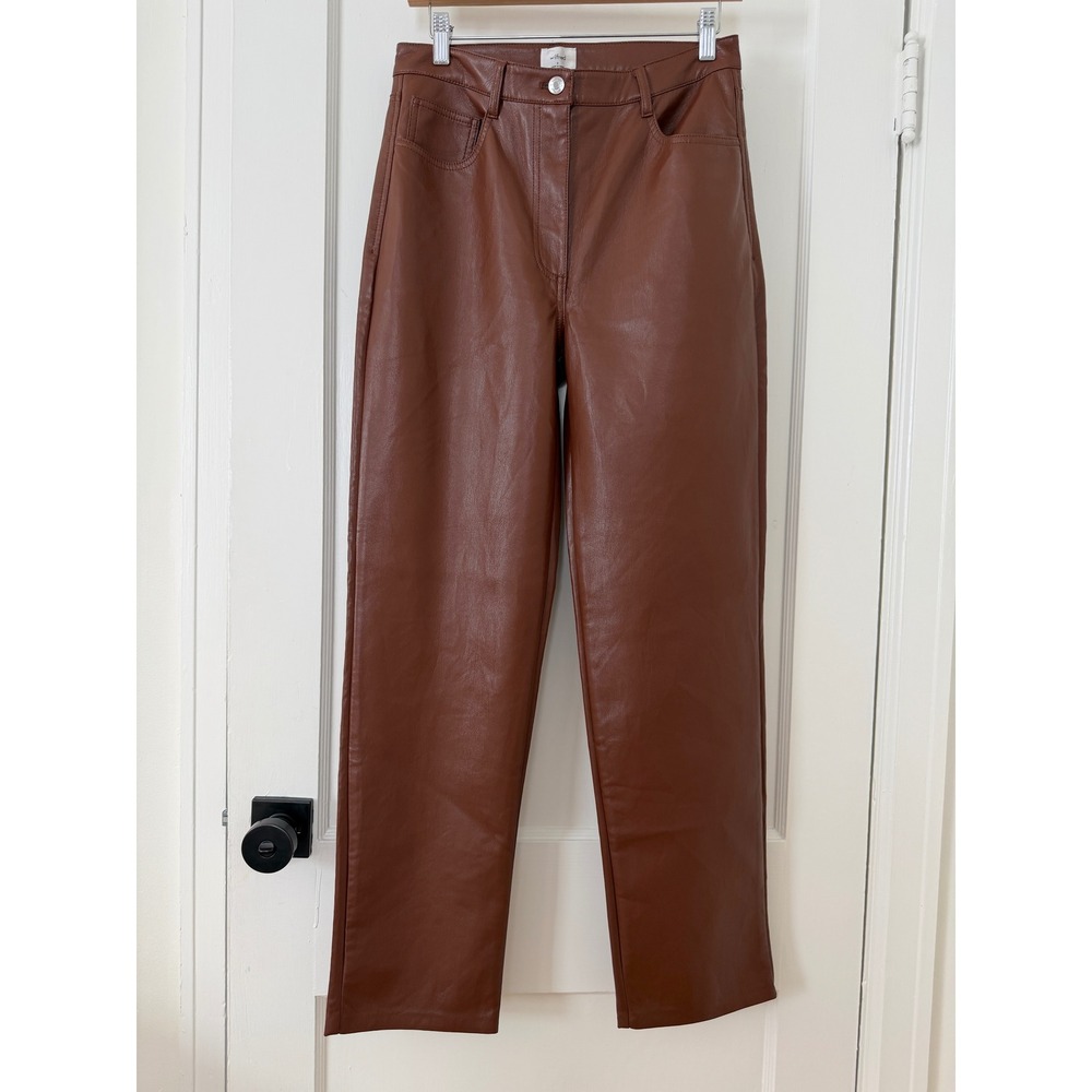 Wilfred Melina Vegan Leather Pants Brown Straight Leg High Rise 8 Cognac Brown